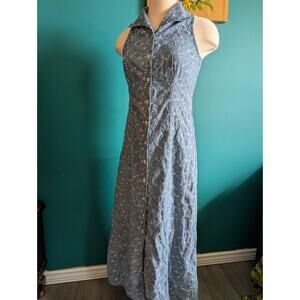 Womens Vintage button front denim dress embroidered eyelet maxi dress size small